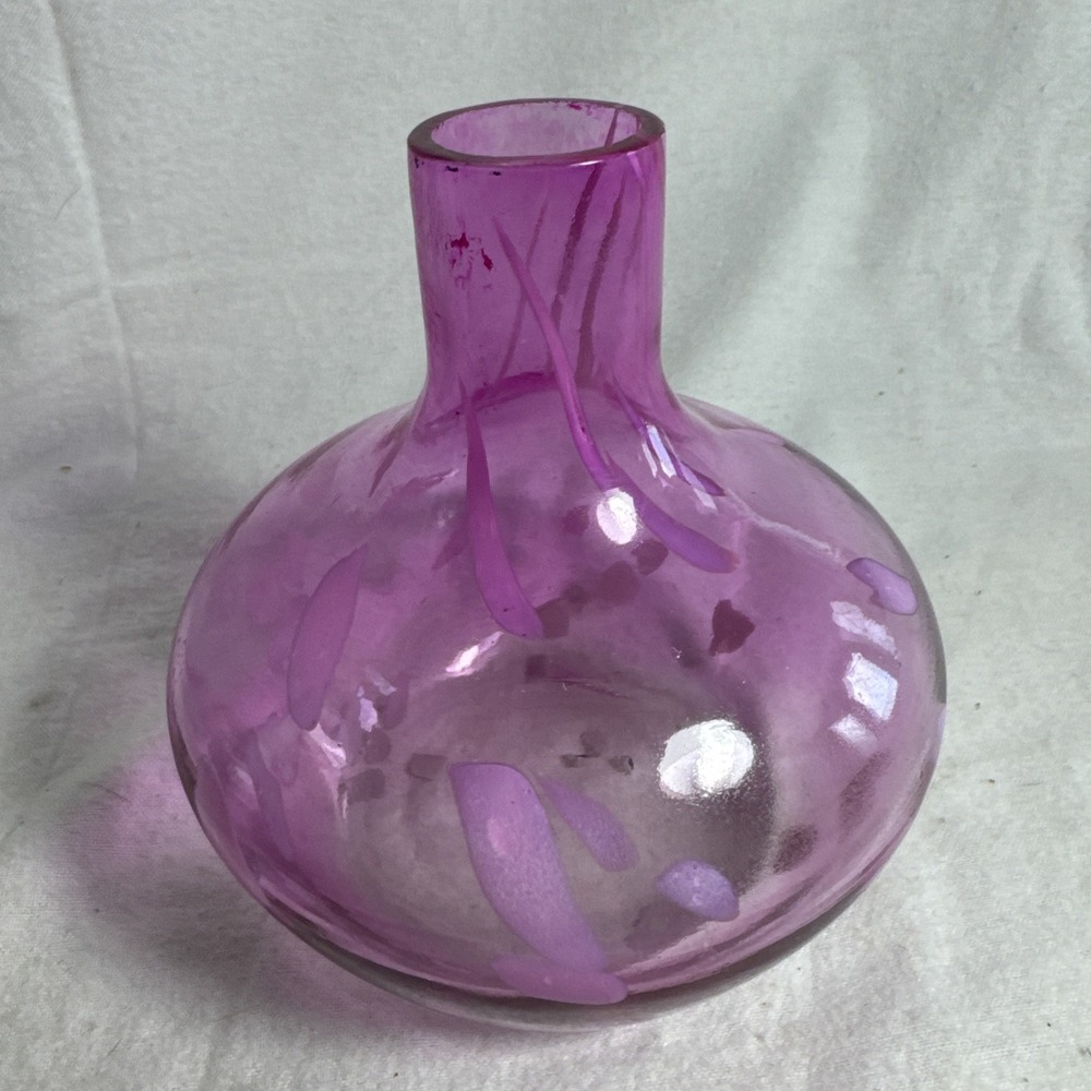 Glass Pink Splatter Onion Shaped Vase Mid Century Modern Hand Blown Art 6" Tall